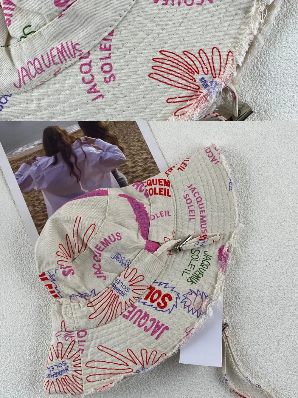 Designer inspired Beige Bucket Hat with Pink & Purple Graphic Print